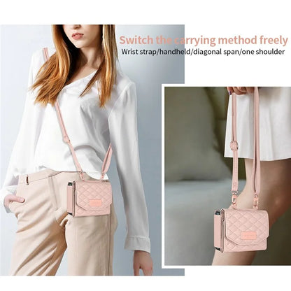 For Samsung Galaxy Z Flip6 5G Case with Shoulder Strap PU+PC Wallet Phone Cover Built-In Back Screen Film