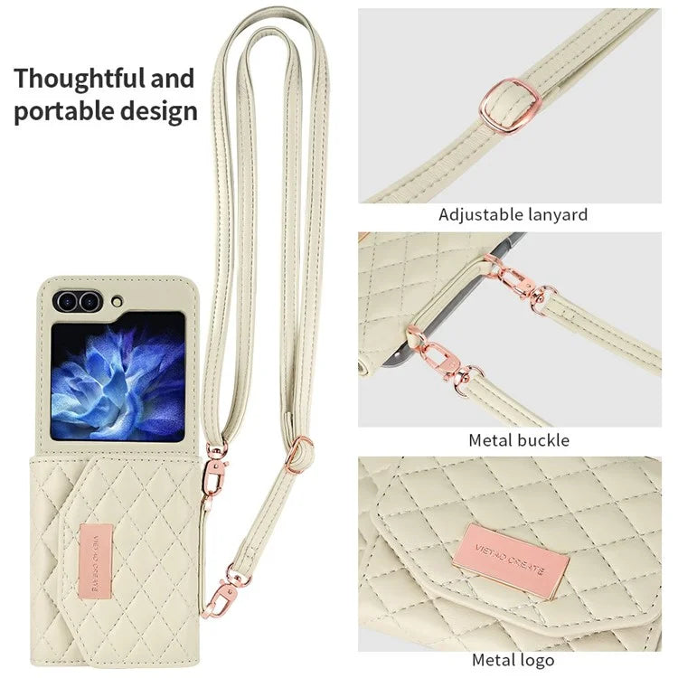 For Samsung Galaxy Z Flip6 5G Case with Shoulder Strap PU+PC Wallet Phone Cover Built-In Back Screen Film