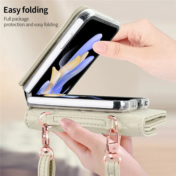 For Samsung Galaxy Z Flip6 5G Case with Shoulder Strap PU+PC Wallet Phone Cover Built-In Back Screen Film