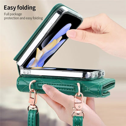 For Samsung Galaxy Z Flip6 5G Case with Shoulder Strap PU+PC Wallet Phone Cover Built-In Back Screen Film