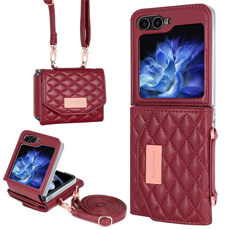 For Samsung Galaxy Z Flip6 5G Case with Shoulder Strap PU+PC Wallet Phone Cover Built-In Back Screen Film