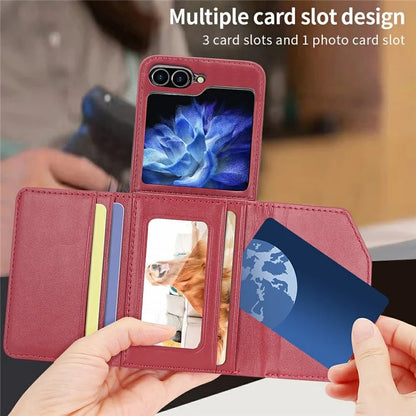 For Samsung Galaxy Z Flip6 5G Case with Shoulder Strap PU+PC Wallet Phone Cover Built-In Back Screen Film