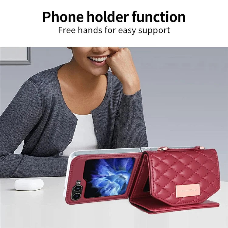 For Samsung Galaxy Z Flip6 5G Case with Shoulder Strap PU+PC Wallet Phone Cover Built-In Back Screen Film