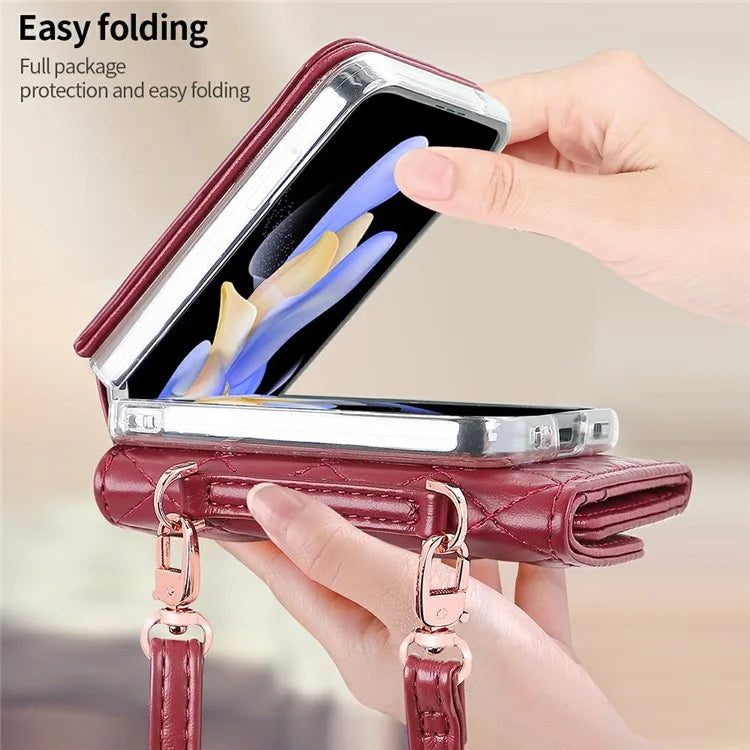 For Samsung Galaxy Z Flip6 5G Case with Shoulder Strap PU+PC Wallet Phone Cover Built-In Back Screen Film