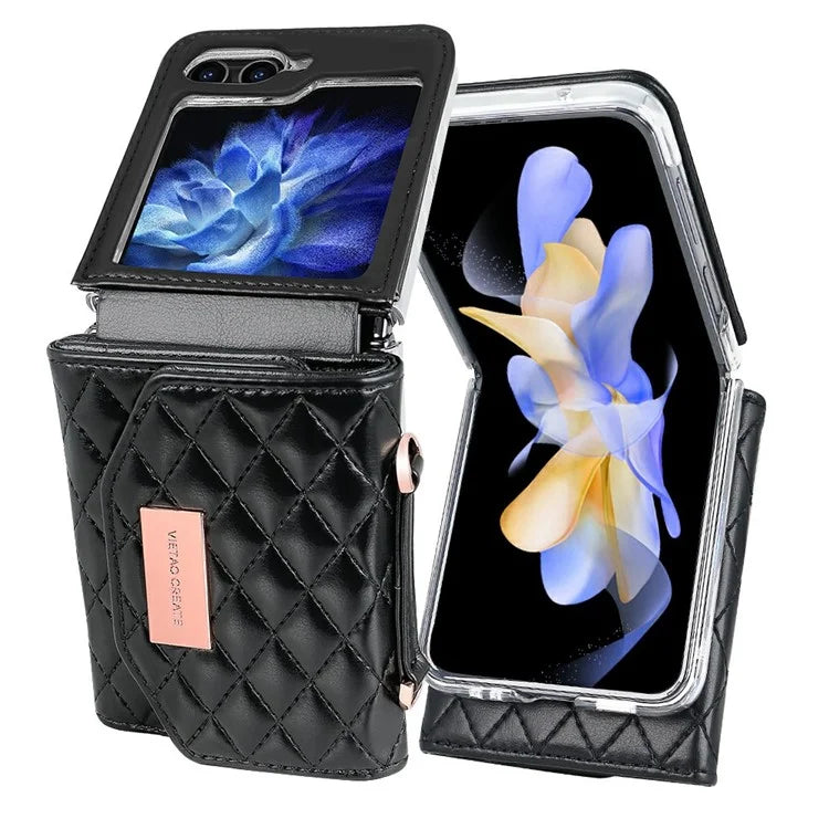 For Samsung Galaxy Z Flip6 5G Case with Shoulder Strap PU+PC Wallet Phone Cover Built-In Back Screen Film