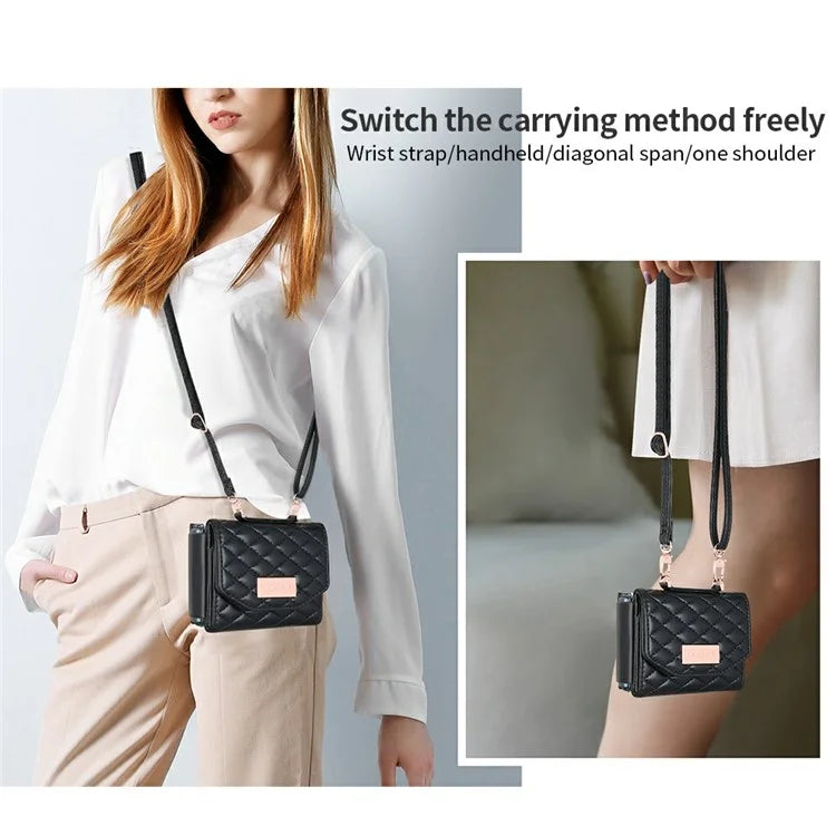 For Samsung Galaxy Z Flip6 5G Case with Shoulder Strap PU+PC Wallet Phone Cover Built-In Back Screen Film