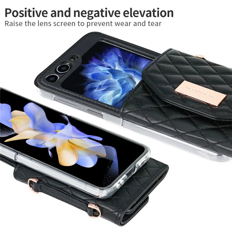 For Samsung Galaxy Z Flip6 5G Case with Shoulder Strap PU+PC Wallet Phone Cover Built-In Back Screen Film