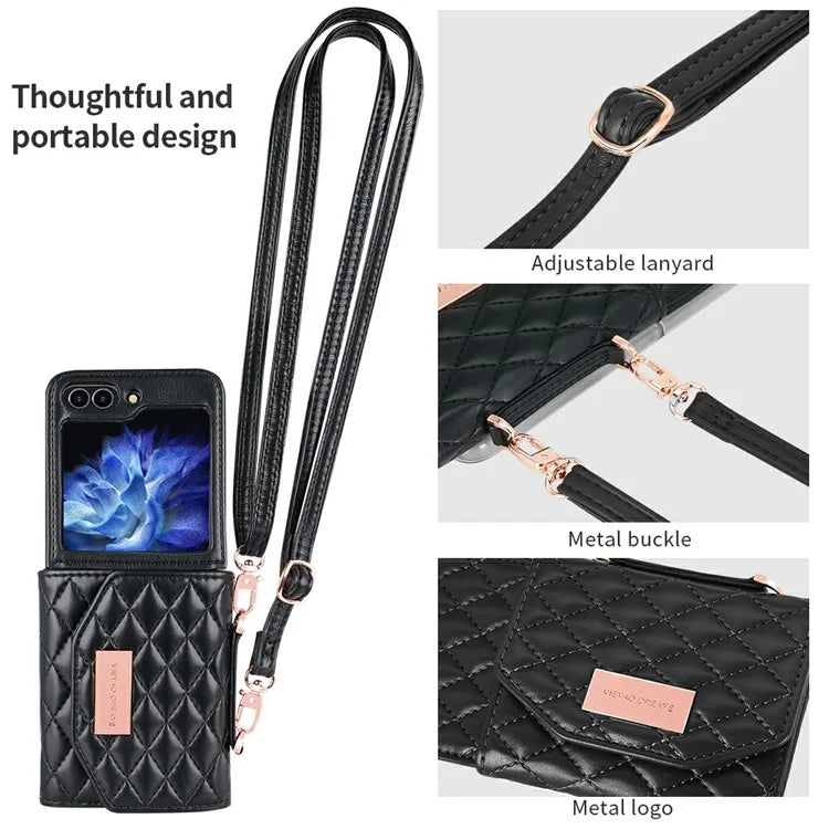 For Samsung Galaxy Z Flip6 5G Case with Shoulder Strap PU+PC Wallet Phone Cover Built-In Back Screen Film