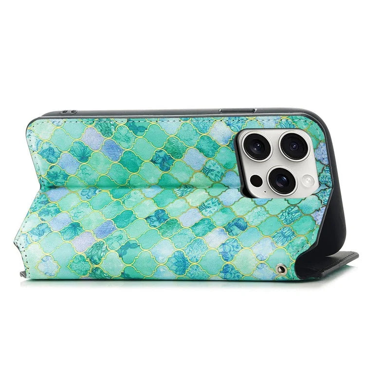 CASENEO 001 Series for iPhone 16 Pro Max Case RFID Blocking Wallet Leather Cover Pattern Print
