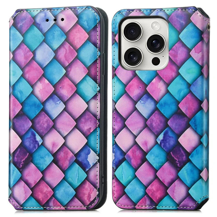 CASENEO 001 Series for iPhone 16 Pro Case RFID Blocking Wallet Leather Cover Pattern Print