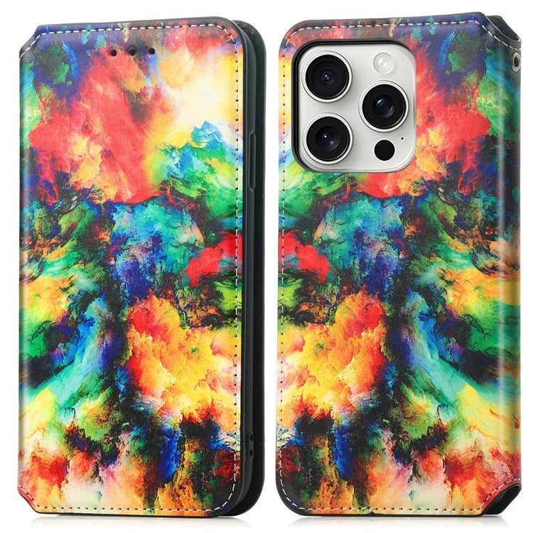 CASENEO 001 Series for iPhone 16 Pro Case RFID Blocking Wallet Leather Cover Pattern Print