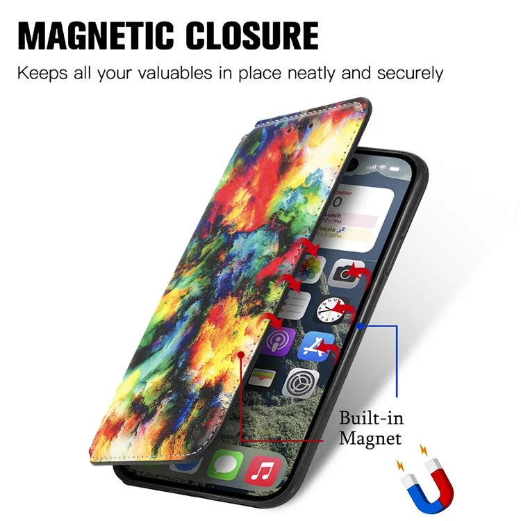 CASENEO 001 Series for iPhone 16 Pro Case RFID Blocking Wallet Leather Cover Pattern Print