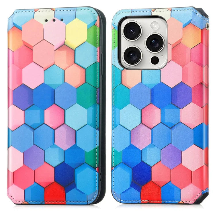CASENEO 001 Series for iPhone 16 Pro Case RFID Blocking Wallet Leather Cover Pattern Print