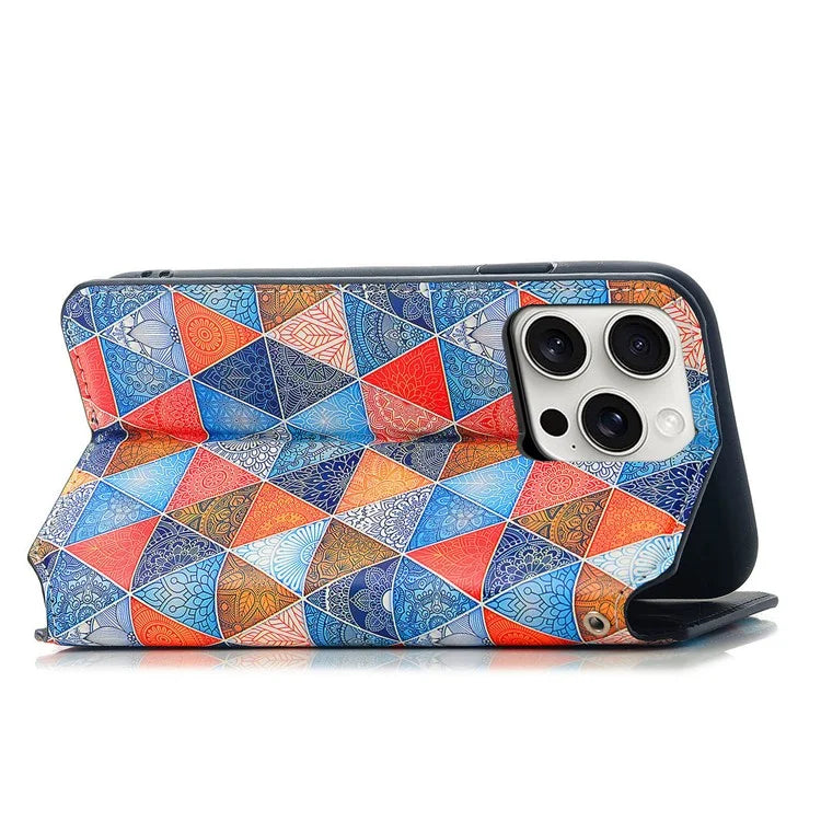 CASENEO 001 Series for iPhone 16 Pro Case RFID Blocking Wallet Leather Cover Pattern Print