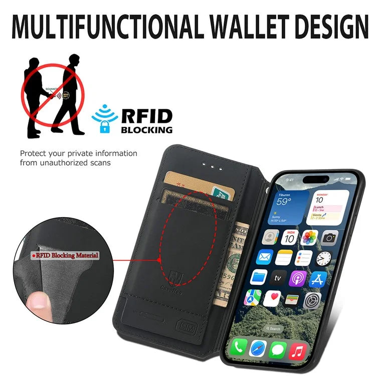 CASENEO 001 Series for iPhone 16 Pro Case RFID Blocking Wallet Leather Cover Pattern Print