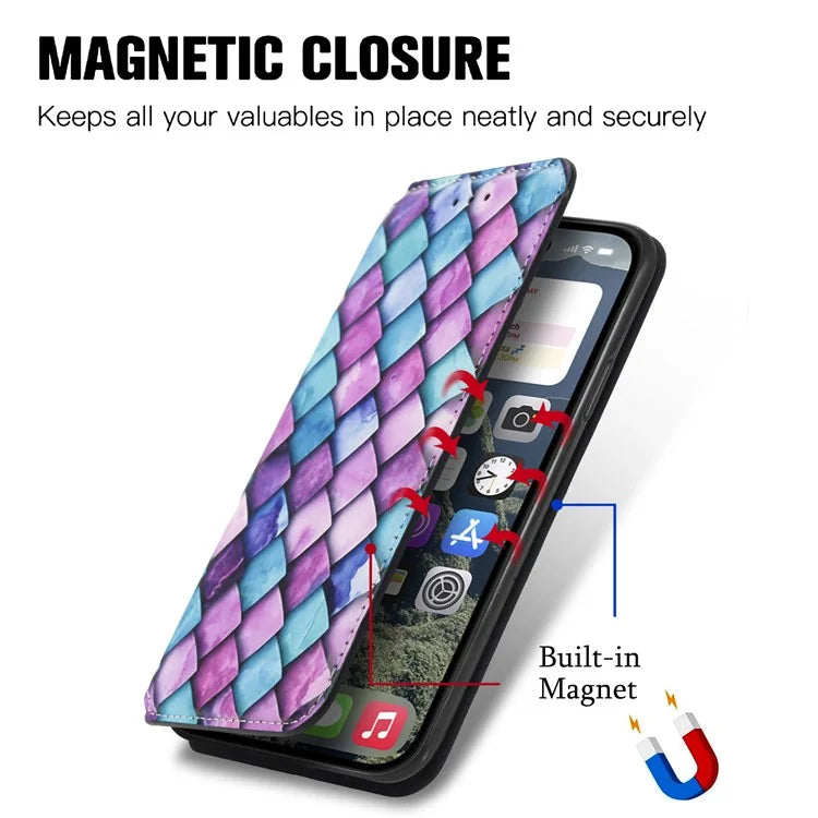 CASENEO 001 Series for iPhone 16 Plus Case RFID Blocking Wallet Leather Cover Pattern Print