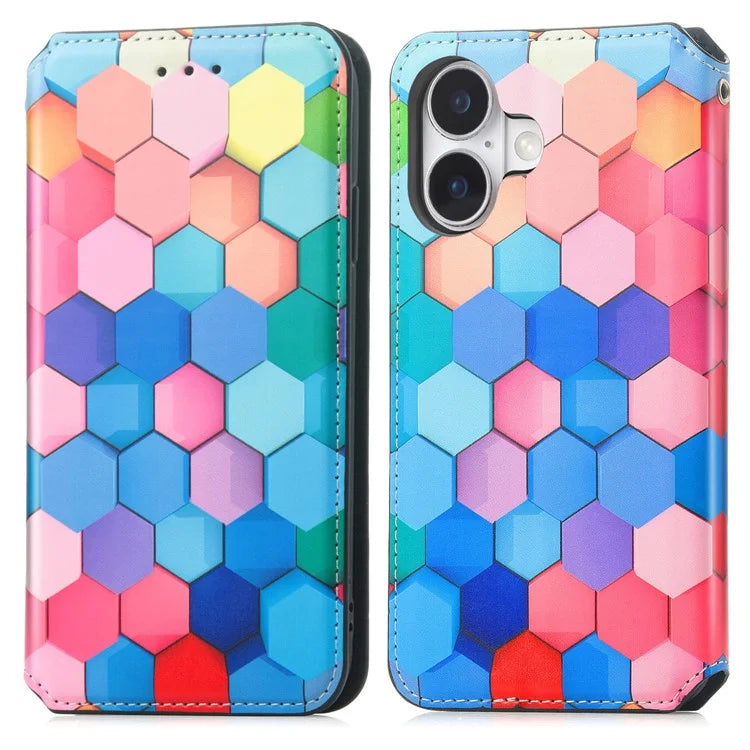 CASENEO 001 Series for iPhone 16 Plus Case RFID Blocking Wallet Leather Cover Pattern Print