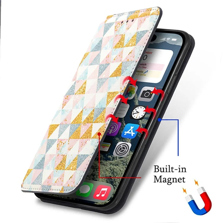 CASENEO 001 Series for iPhone 16 Plus Case RFID Blocking Wallet Leather Cover Pattern Print