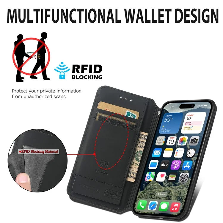 CASENEO 001 Series for iPhone 16 Plus Case RFID Blocking Wallet Leather Cover Pattern Print