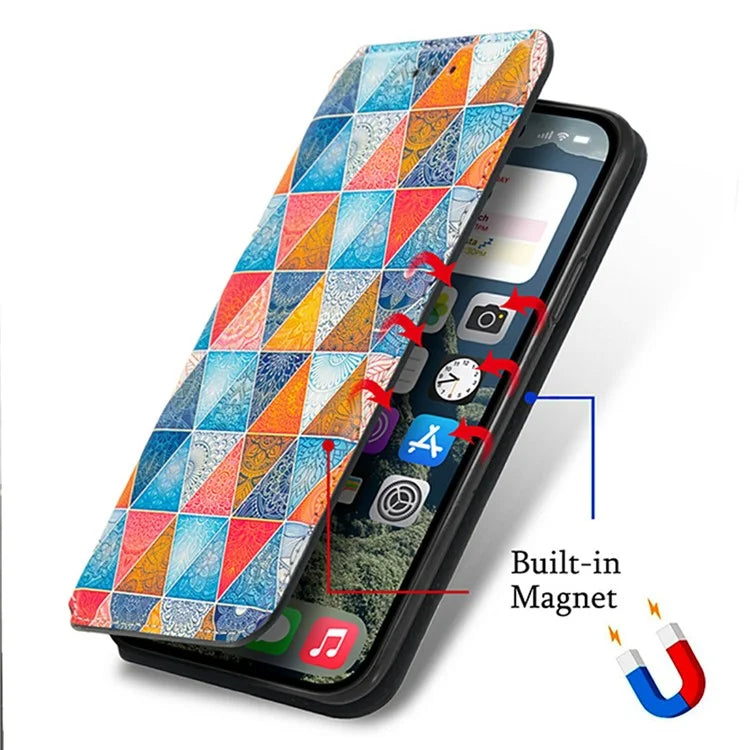 CASENEO 001 Series for iPhone 16 Plus Case RFID Blocking Wallet Leather Cover Pattern Print