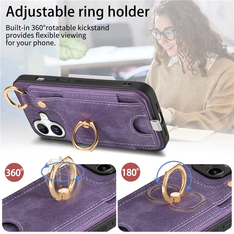 For iPhone 16 Plus Case Card Slots Leather+TPU Phone Cover with Ring Buckle
