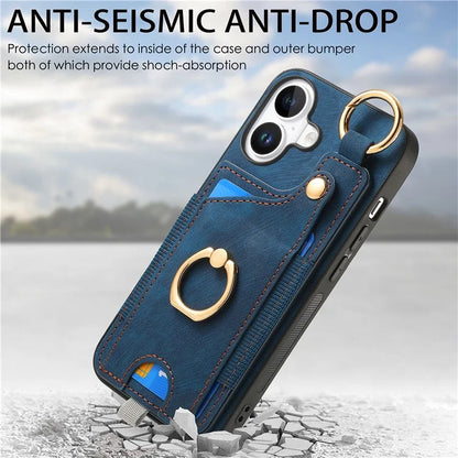 For iPhone 16 Plus Case Card Slots Leather+TPU Phone Cover with Ring Buckle