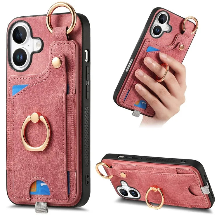 For iPhone 16 Plus Case Card Slots Leather+TPU Phone Cover with Ring Buckle