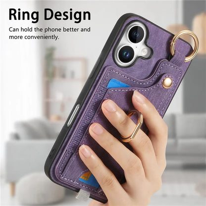 For iPhone 16 Plus Case Card Slots Leather+TPU Phone Cover with Ring Buckle