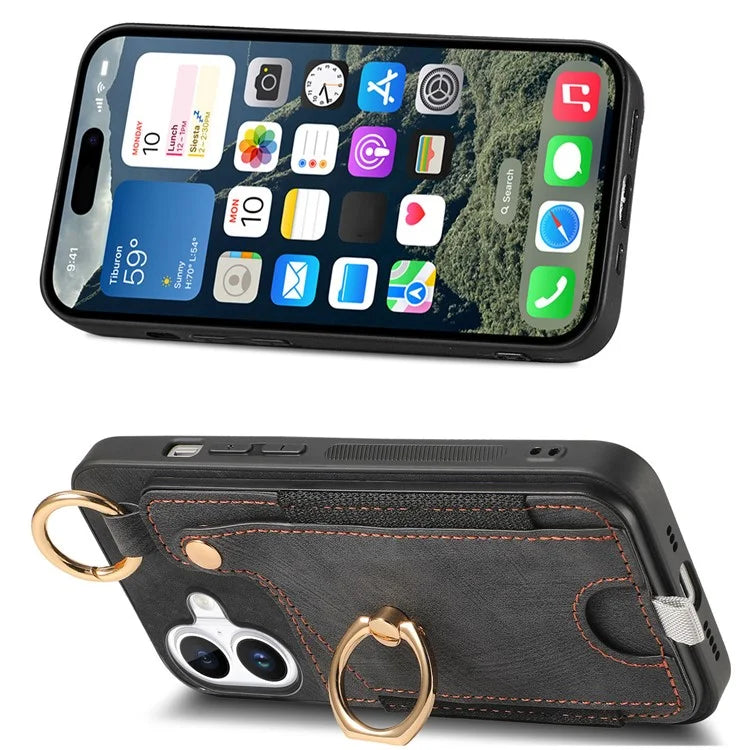 For iPhone 16 Plus Case Card Slots Leather+TPU Phone Cover with Ring Buckle