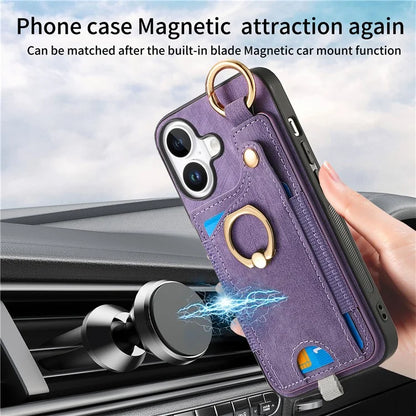 For iPhone 16 Plus Case Card Slots Leather+TPU Phone Cover with Ring Buckle