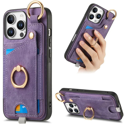 For iPhone 16 Pro Max Case Card Slots Leather+TPU Phone Cover with Ring Buckle
