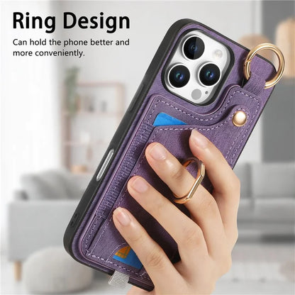 For iPhone 16 Pro Max Case Card Slots Leather+TPU Phone Cover with Ring Buckle