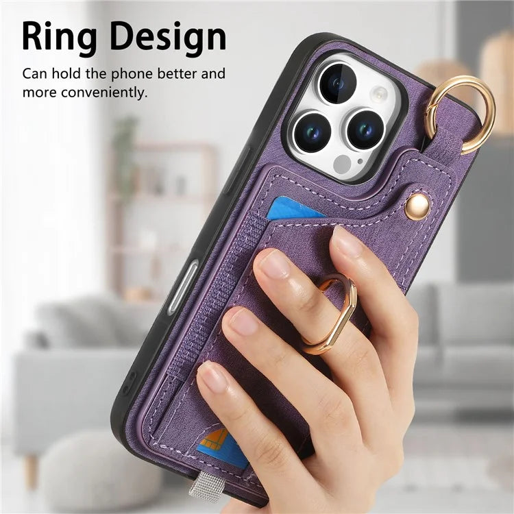 For iPhone 16 Pro Max Case Card Slots Leather+TPU Phone Cover with Ring Buckle