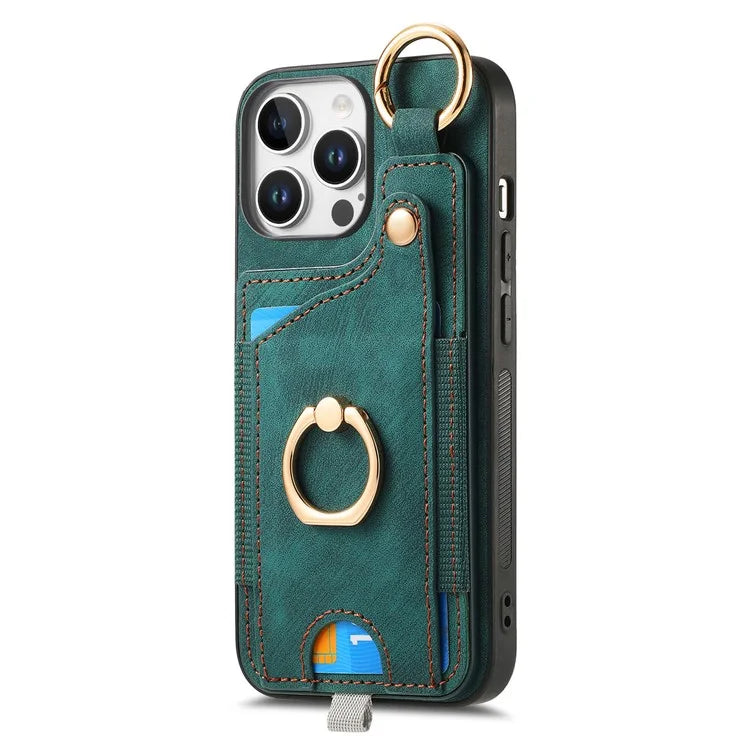 For iPhone 16 Pro Max Case Card Slots Leather+TPU Phone Cover with Ring Buckle