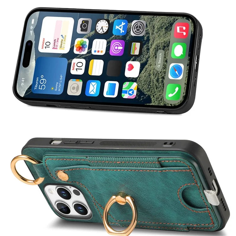 For iPhone 16 Pro Max Case Card Slots Leather+TPU Phone Cover with Ring Buckle