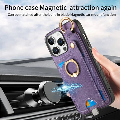 For iPhone 16 Pro Max Case Card Slots Leather+TPU Phone Cover with Ring Buckle