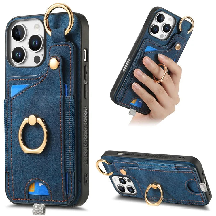 For iPhone 16 Pro Max Case Card Slots Leather+TPU Phone Cover with Ring Buckle