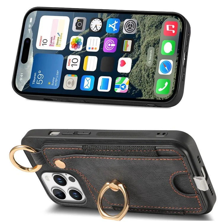 For iPhone 16 Pro Max Case Card Slots Leather+TPU Phone Cover with Ring Buckle