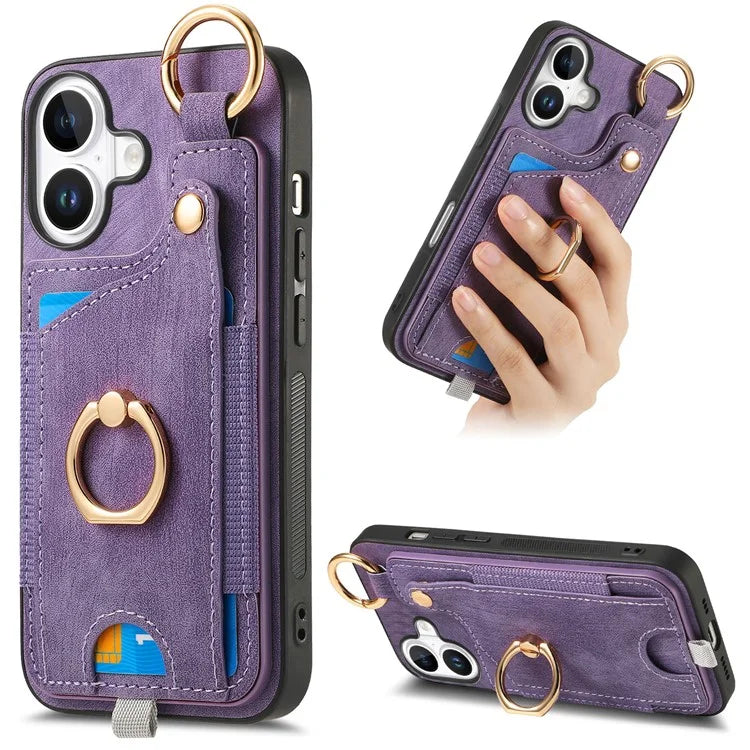 For iPhone 16 Case Card Slots Leather+TPU Phone Cover with Ring Buckle
