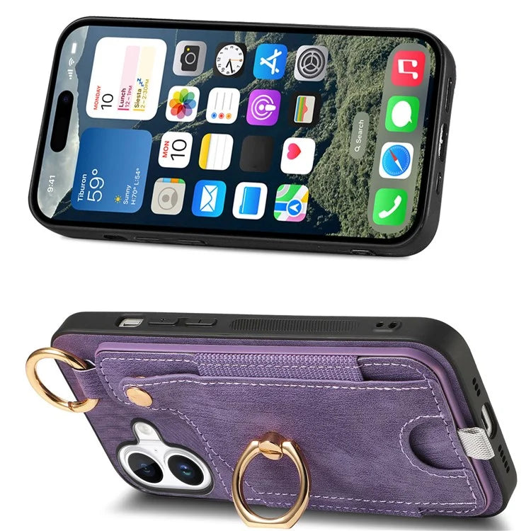 For iPhone 16 Case Card Slots Leather+TPU Phone Cover with Ring Buckle