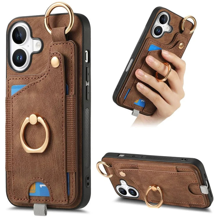 For iPhone 16 Case Card Slots Leather+TPU Phone Cover with Ring Buckle