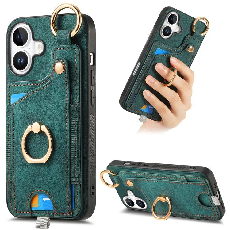 For iPhone 16 Case Card Slots Leather+TPU Phone Cover with Ring Buckle