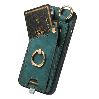 For iPhone 16 Case Card Slots Leather+TPU Phone Cover with Ring Buckle