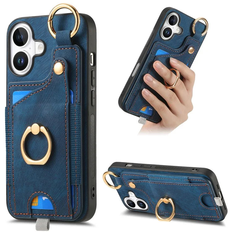 For iPhone 16 Case Card Slots Leather+TPU Phone Cover with Ring Buckle