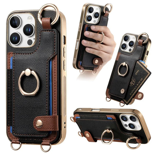For iPhone 16 Pro Max Case Leather+TPU Phone Cover with Card Slots Kickstand and Lanyard