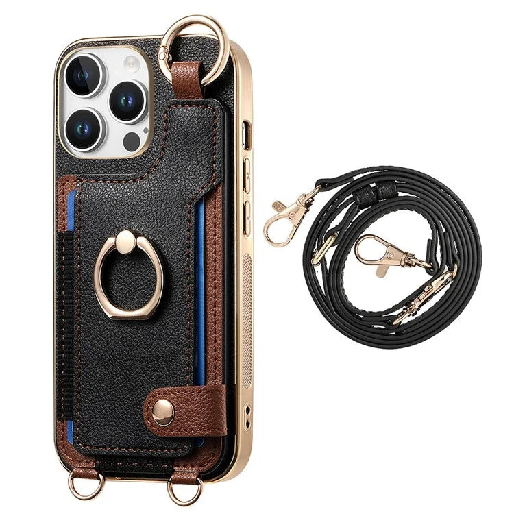 For iPhone 16 Pro Max Case Leather+TPU Phone Cover with Card Slots Kickstand and Lanyard