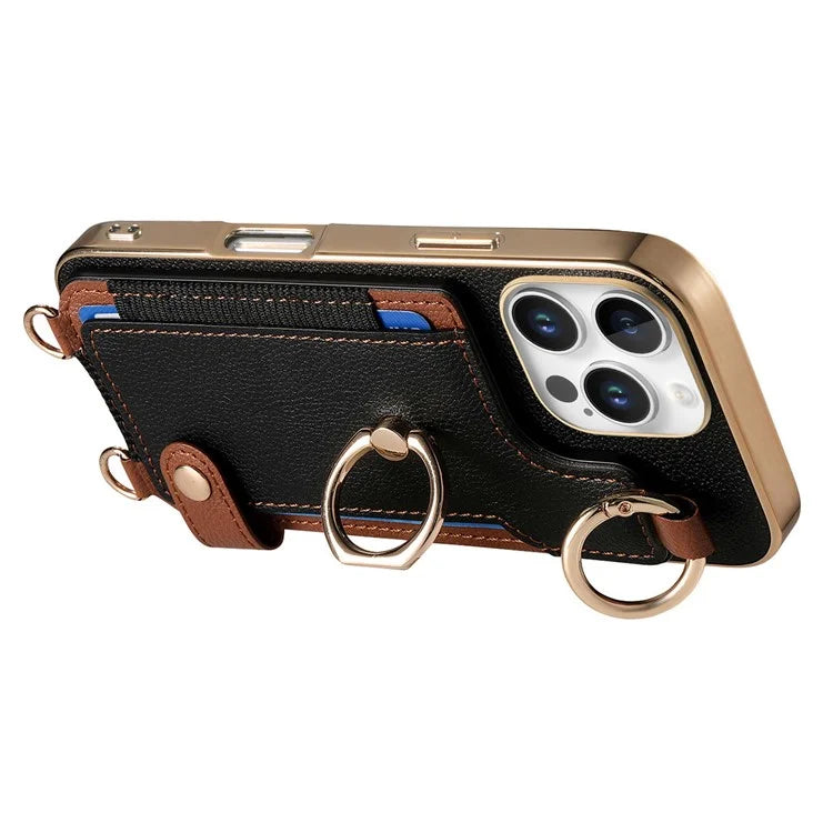 For iPhone 16 Pro Max Case Leather+TPU Phone Cover with Card Slots Kickstand and Lanyard
