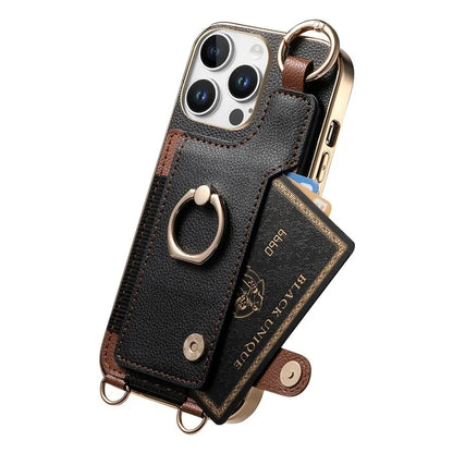 For iPhone 16 Pro Max Case Leather+TPU Phone Cover with Card Slots Kickstand and Lanyard
