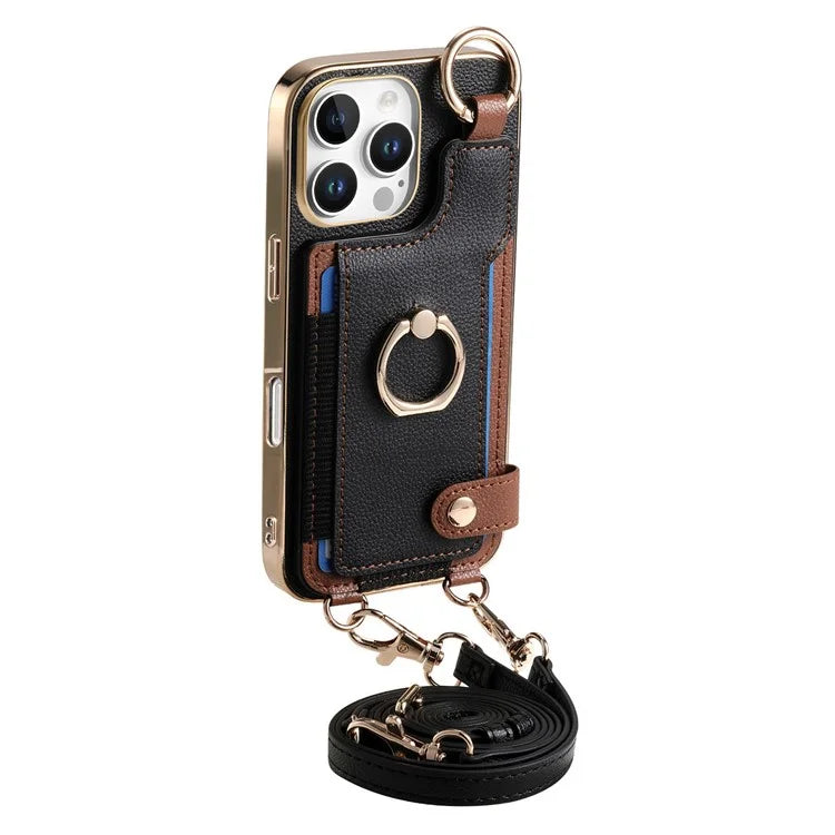 For iPhone 16 Pro Max Case Leather+TPU Phone Cover with Card Slots Kickstand and Lanyard