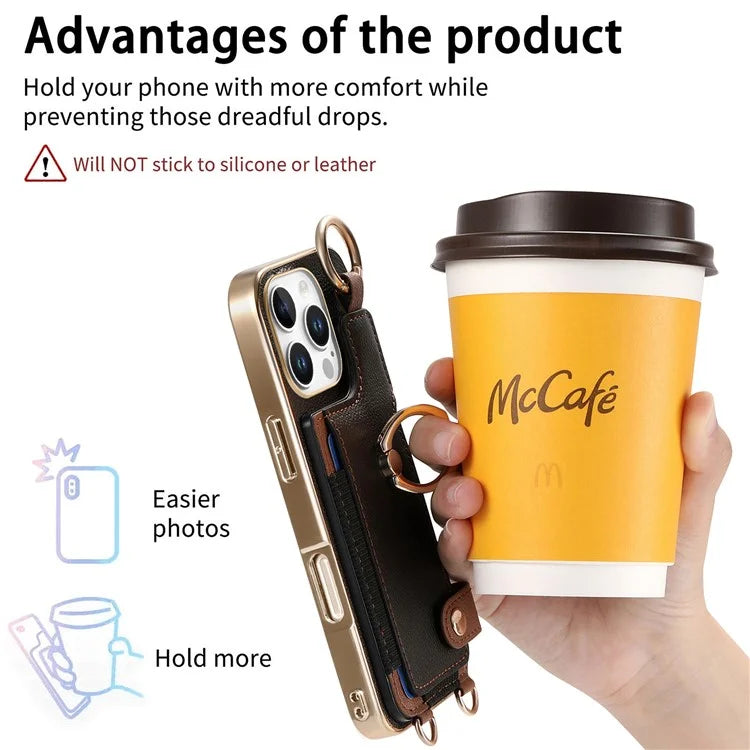 For iPhone 16 Pro Max Case Leather+TPU Phone Cover with Card Slots Kickstand and Lanyard